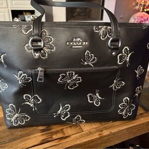 Coach Black Shoulder Bag with Silver Butterfly Embroidery